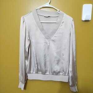 Express Long Sleeve V Neck Satin RIbbed Trim Blouse M Glam Y2K Quiet Luxury